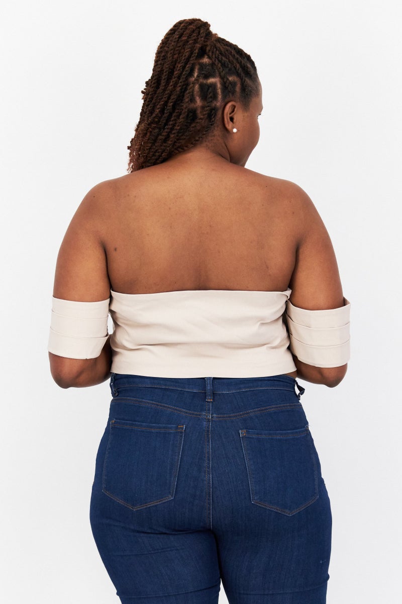 Vesper Women Plus Size Off Shoulder Short Sleeves Textured Crop Top, Beige - Image 4